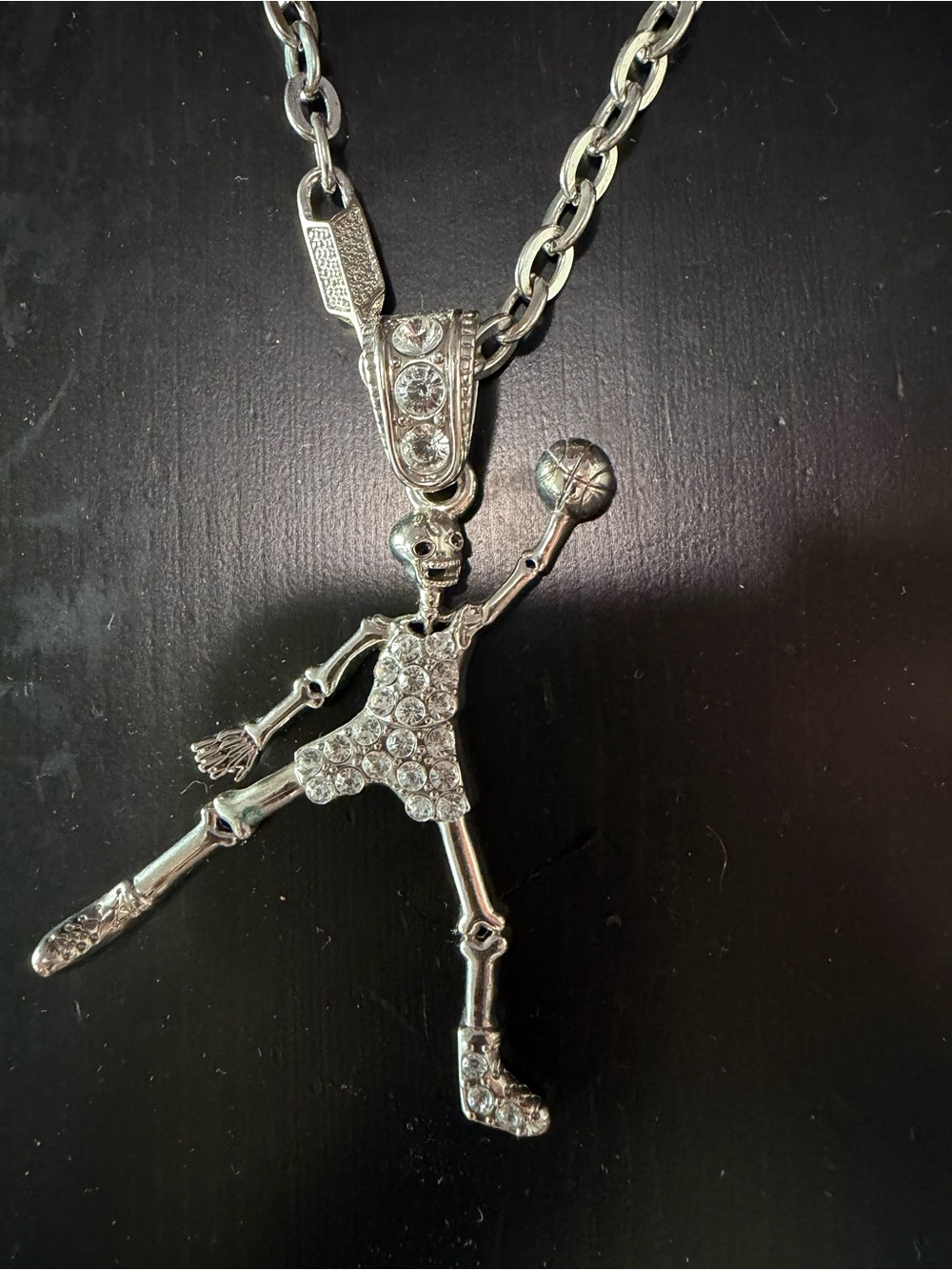 Silver Crystal Skeleton Basketball Pendant Necklace